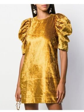 Ulla Johnson Callahan Gold Corduroy Puff Shoulder Dress Size 2 Fall Wedding